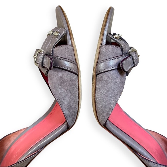 RARE JUDITH LEIBER VIOLET SUEDE & LEATHER JEWEL/FRINGE OPEN TOE HEELS, sz 10B - Picture 7 of 14